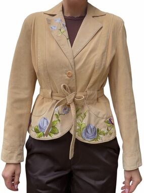 Suede Leather Floral Embroidered Cropped Tie Jacket 90s Vintage Cottage Boho